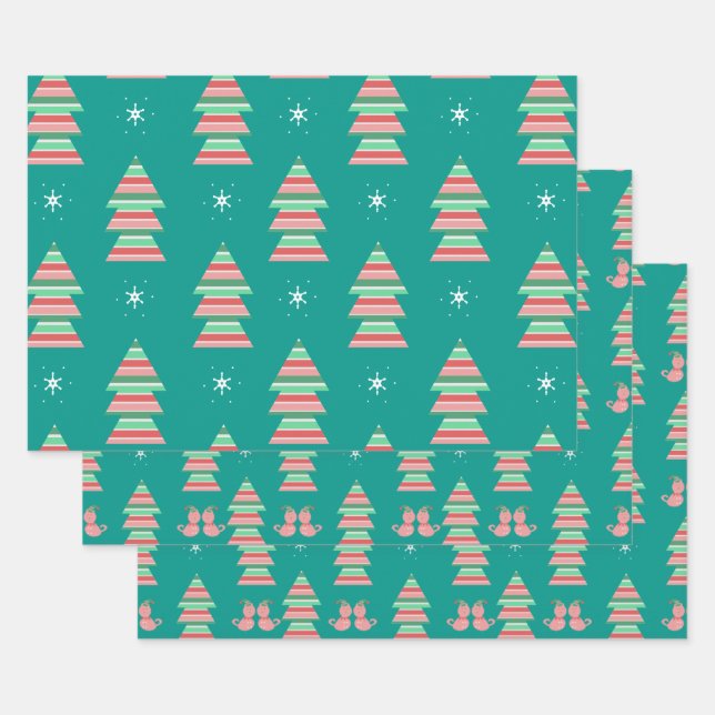 Christmas Kittens Snowflakes Tree Festive Holiday Wrapping Paper Sheet (Set)