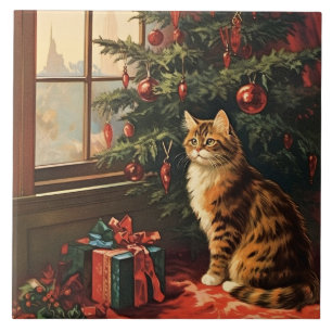 Christmas Kitty at the Window Ceramic Tile