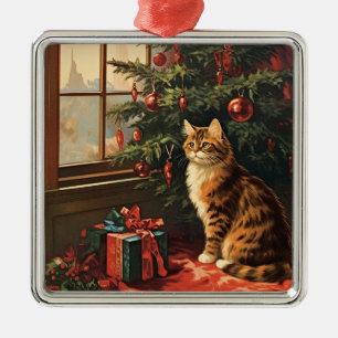 Christmas Kitty at the Window Metal Ornament