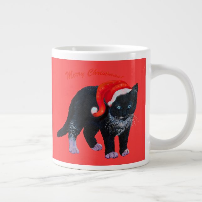 Christmas kitty cat Tuxedo on red Large Coffee Mug (Right)