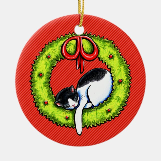 Christmas Kitty Cat Wreath Ceramic Ornament (Front)