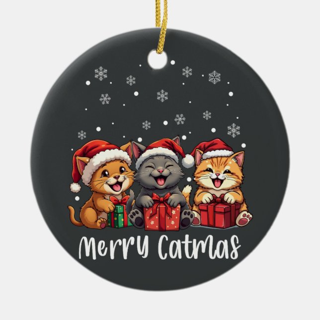 Christmas Kitty Cats Merry Catmas Ceramic Ornament (Front)