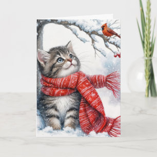 Christmas Kitty Watching a Cardinal Card