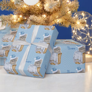Christmas Kitty With Blue Santa Hat Personalised Wrapping Paper
