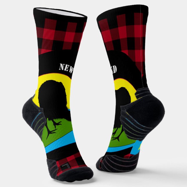 Christmas Kiwi Bird New Zealand, Red Buffalo Plaid Socks (Angled)