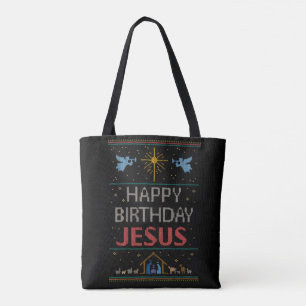 Christmas Knit Happy Birthday Jesus Religious RED Tote Bag