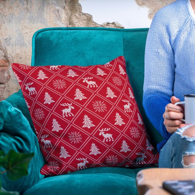 Christmas Knit Moose Tree Red Winter Holidays Cushion (Creator Uploaded)