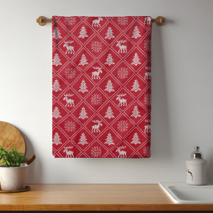 Christmas Knit Moose Tree Red Winter Holidays Tea Towel