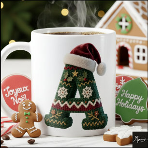 Christmas Knit Sweater Letter A Santa Hat Coffee Mug