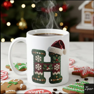 Christmas Knit Sweater Letter H Santa Hat Coffee Mug