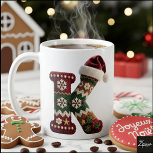Christmas Knit Sweater Letter K Santa Hat Coffee Mug