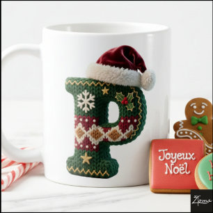 Christmas Knit Sweater Letter P Santa Hat Coffee Mug
