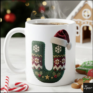 Christmas Knit Sweater Letter U Santa Hat Coffee Mug