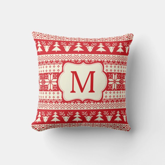 Christmas Knitted Pattern Monogram Initial Cushion (Front)