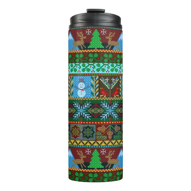 Christmas Knitted Sweater Pattern Reindeer Holiday Thermal Tumbler (Front)