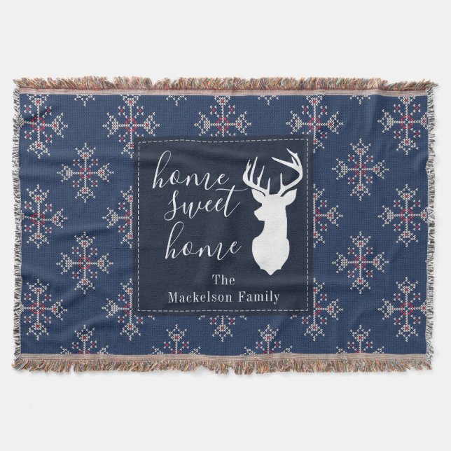 Christmas Knitting Ugly Sweater Pattern Navy Throw Blanket (Front)