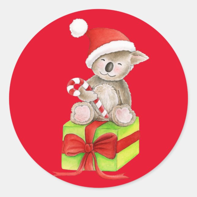 Christmas Koala bear red round sticker (Front)