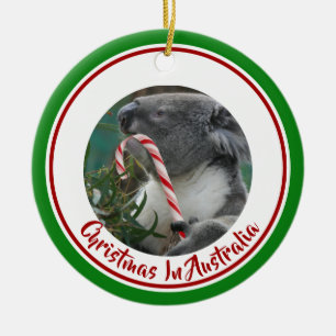Christmas Koala with Candy Cane in Eucalyptus Tree Ceramic Ornament