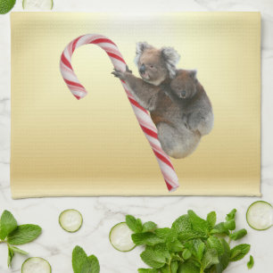 Christmas Koalas on Candy Cane Tea Towel