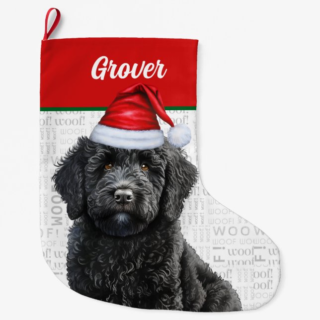 Christmas Labradoodle with Name Woof Background Large Christmas Stocking (Front)