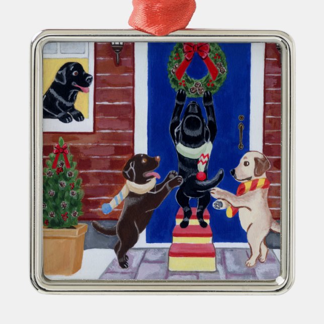 Christmas Labrador Painting Christmas Wreath Metal Tree Decoration (Front)