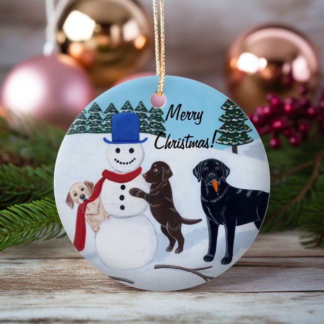 Christmas Labrador Painting Snowman Ceramic Ornament (Christmas Labradors and Snowman Design Ceramic Ornament for Labrador Owners.  Whimsical Painting.)