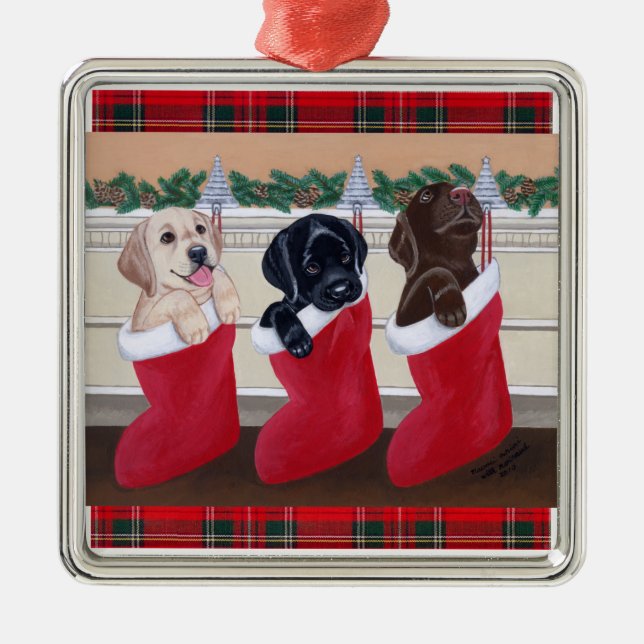 Christmas Labrador Puppies Tartan Metal Tree Decoration (Front)