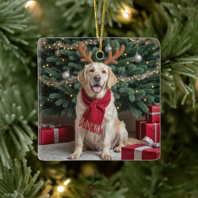 Christmas Labrador Retriever With Antlers Ceramic Ornament (Tree)