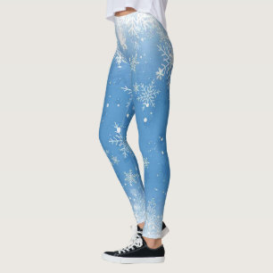 Christmas Lace Snowflakes Sparkle on Blue Leggings