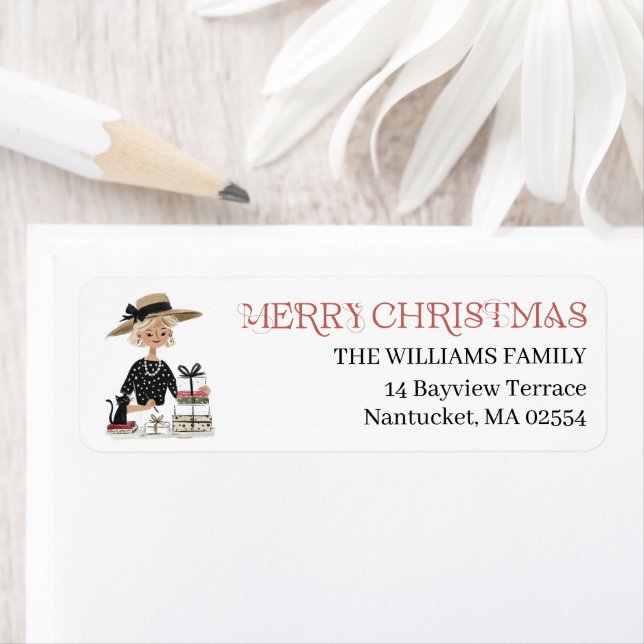 Christmas Lady & Cat Personalised Return Address Label (Insitu)