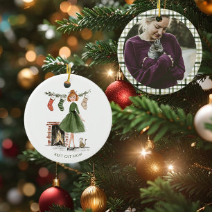 Christmas Lady with Cat Personalized Photo Ceramic Ornament