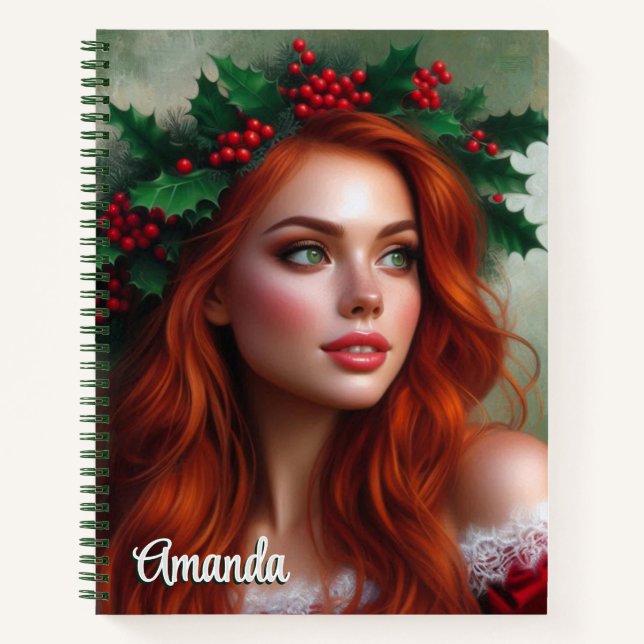 Christmas Lady with Holly Leaves Spiral Notebook (Front)