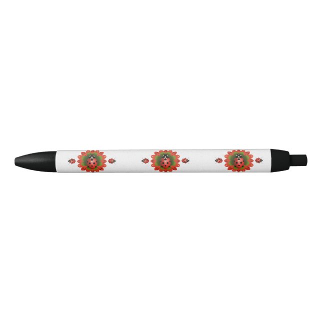 Christmas Ladybug Red Green and White Black Ink Pen (Front)