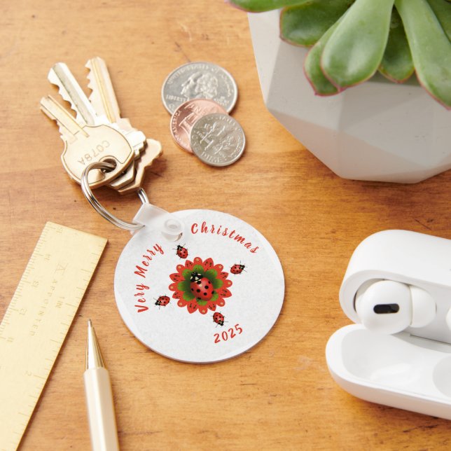 Christmas Ladybug Red Green White Round Key Ring (Desk)