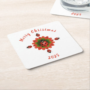 Christmas Ladybug Red Green White Square Paper Coaster
