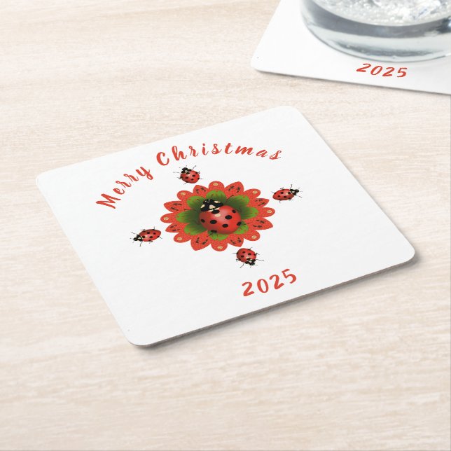 Christmas Ladybug Red Green White Square Paper Coaster (Angled)