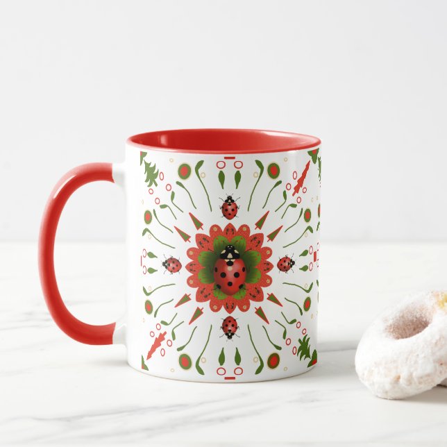 Christmas Ladybug - Red White Green Ceramic Mug (With Donut)