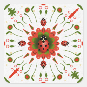 Christmas Ladybug Red White Green Hand-drawn Square Sticker