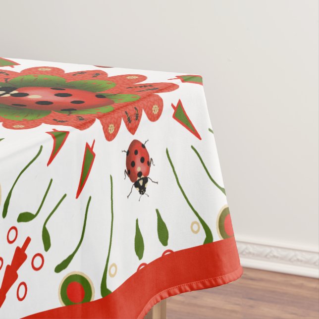 Christmas Ladybug Red White Green Tablecloth (In Situ)