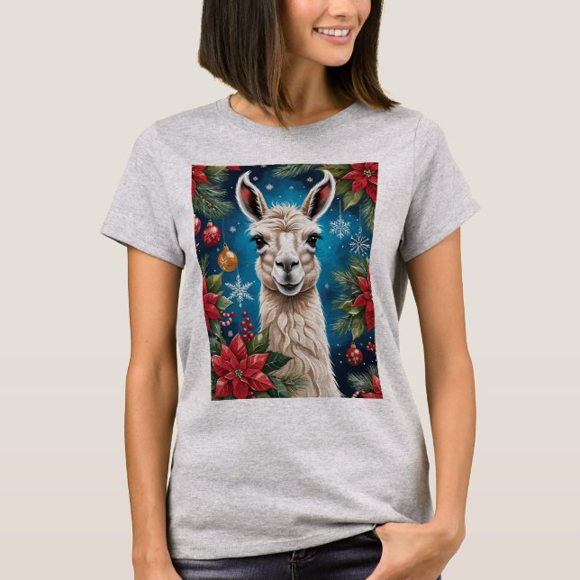 Christmas Lama With Poinsettias & Ornaments T-Shirt (Front)