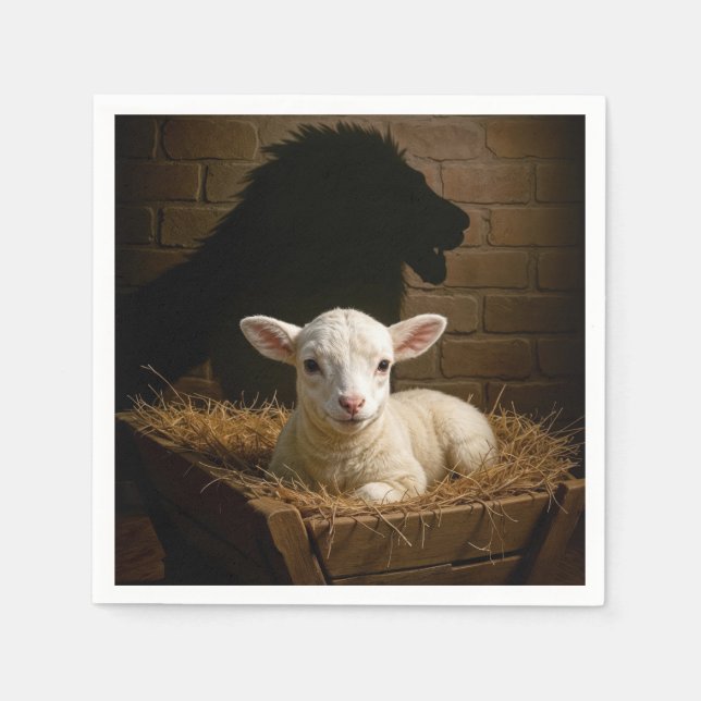 Christmas Lamb In a Manger With Lion Shadow Napkin (Front)