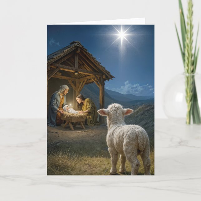Christmas Lamb Watching the Nativity Scene Card (Front)