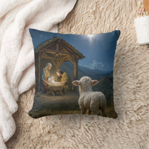 Christmas Lamb Watching the Nativity Scene Cushion