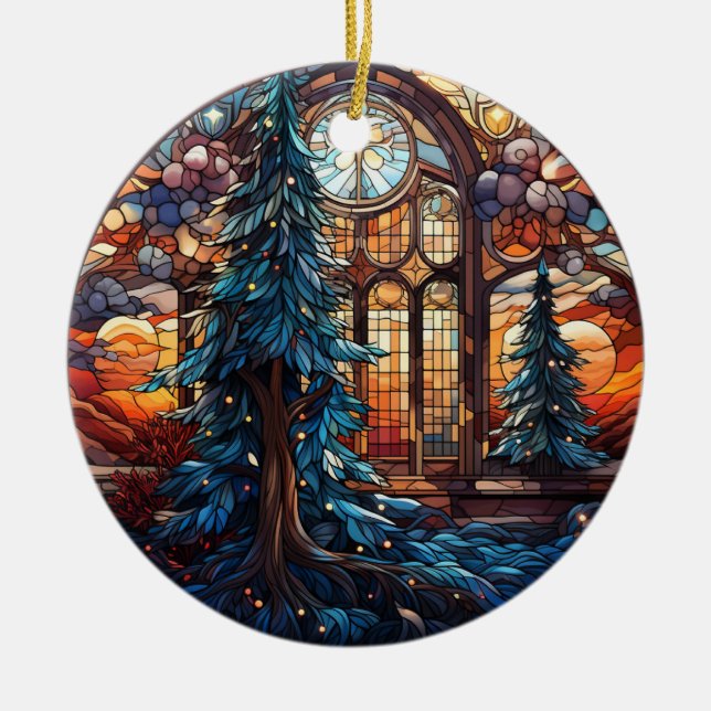 Christmas Landscape stained glass style Ceramic Ornament (Front)