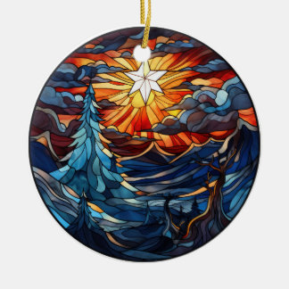Christmas landscape stained glass style ceramic ornament