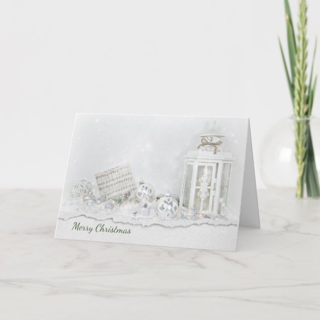 Christmas lantern and music in sparkling snow holiday card (Front)