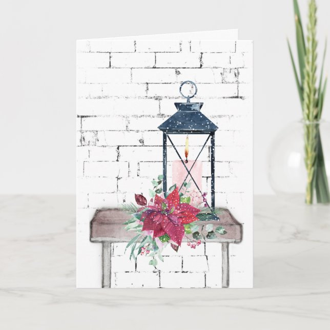 Christmas Lantern and Poinsettia Bouquet Holiday Card (Front)