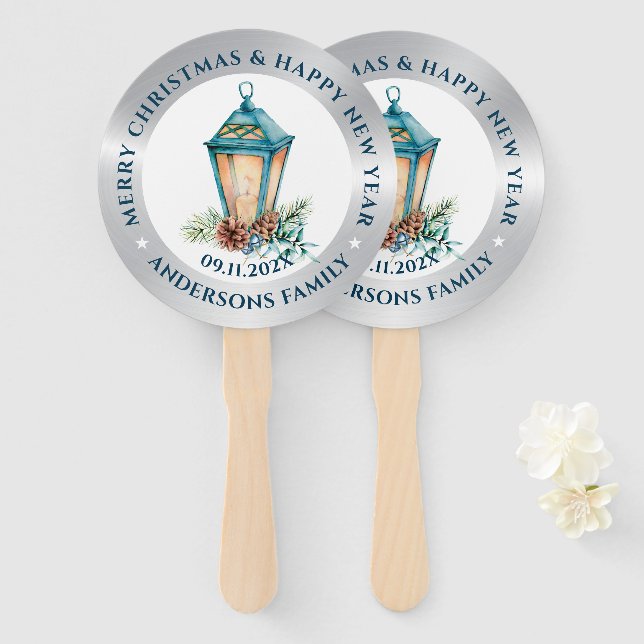 Christmas lantern composition silver and white hand fan (Front and Back)