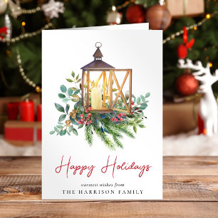 Christmas Lantern Greenery Watercolor Holiday Card