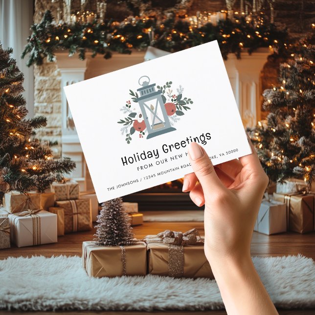 Christmas Lantern Holiday Greetings New Home Announcement Postcard (Christmas Lantern Holiday Greetings from Our New Home Moving Announcement Postcard)